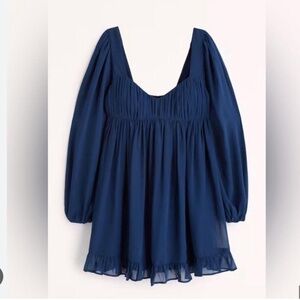 Abercrombie Babydoll Ruched Longsleeve Mini Dress Blue Ruffle Hem Small Tall